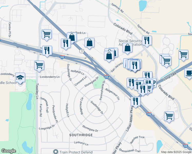 map of restaurants, bars, coffee shops, grocery stores, and more near 2303 Birchbrook Court in Denton