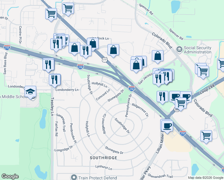 map of restaurants, bars, coffee shops, grocery stores, and more near 200 Hollyhill Lane in Denton