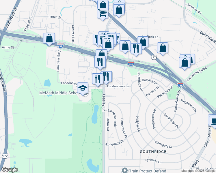 map of restaurants, bars, coffee shops, grocery stores, and more near 1721 Teasley Lane in Denton