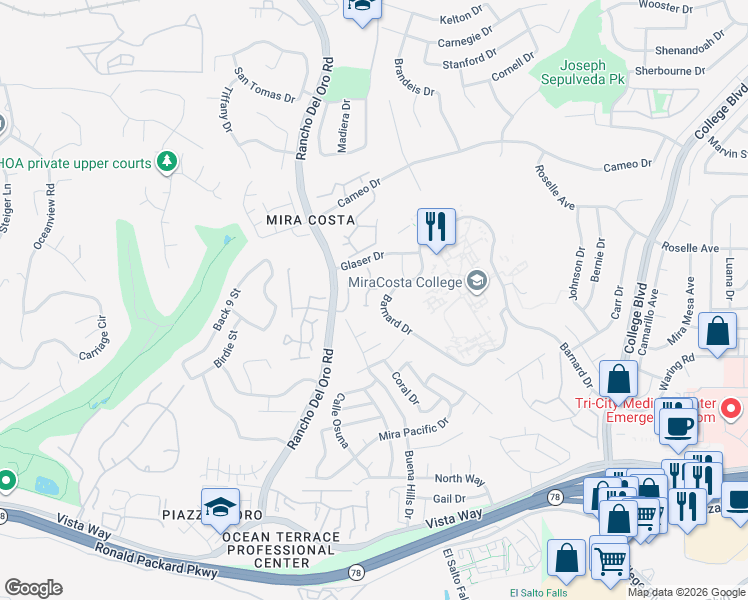 map of restaurants, bars, coffee shops, grocery stores, and more near 2365 Rancho Del Oro Drive in Oceanside