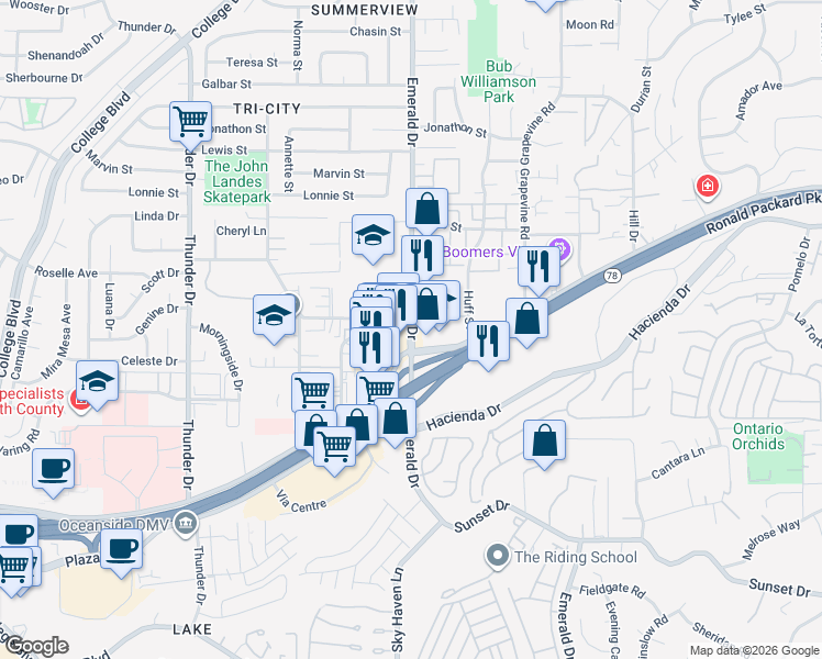 map of restaurants, bars, coffee shops, grocery stores, and more near 170 Emerald Drive in Vista