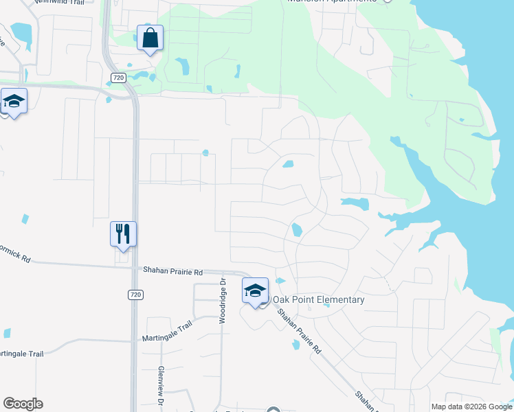 map of restaurants, bars, coffee shops, grocery stores, and more near 9444 Trailway Drive in Oak Point