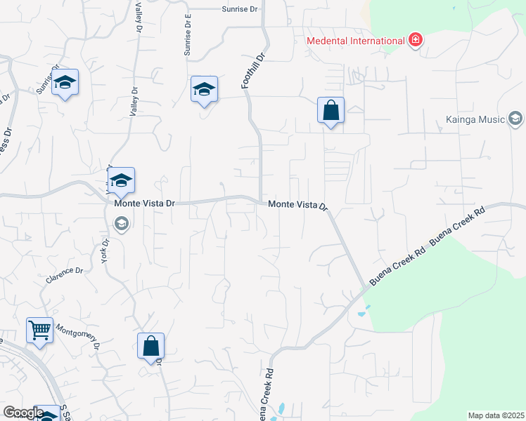 map of restaurants, bars, coffee shops, grocery stores, and more near 2101 Monte Vista Drive in Vista