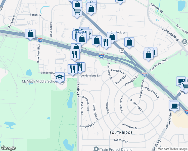 map of restaurants, bars, coffee shops, grocery stores, and more near 909 Londonderry Lane in Denton