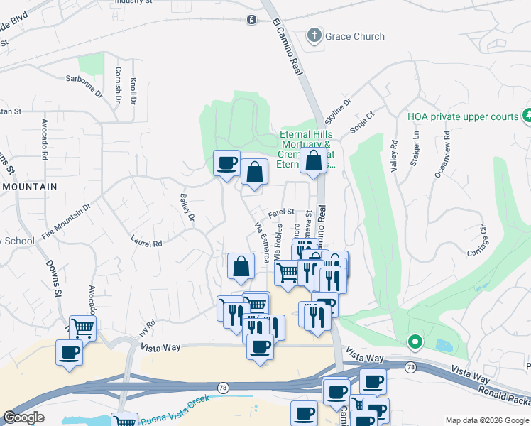 map of restaurants, bars, coffee shops, grocery stores, and more near 2658 Farel Street in Oceanside