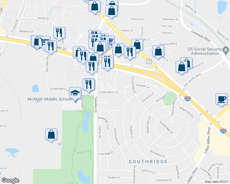 map of restaurants, bars, coffee shops, grocery stores, and more near 1920 Westminster Street in Denton