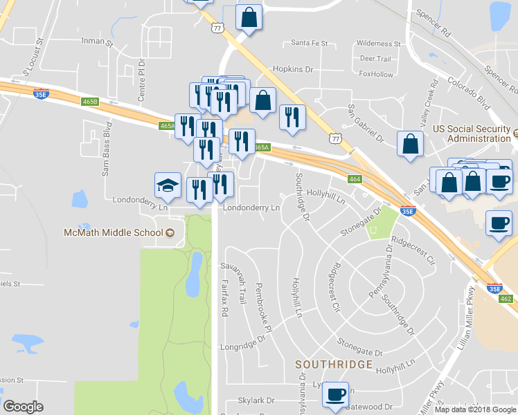 map of restaurants, bars, coffee shops, grocery stores, and more near 1003 Londonderry Lane in Denton