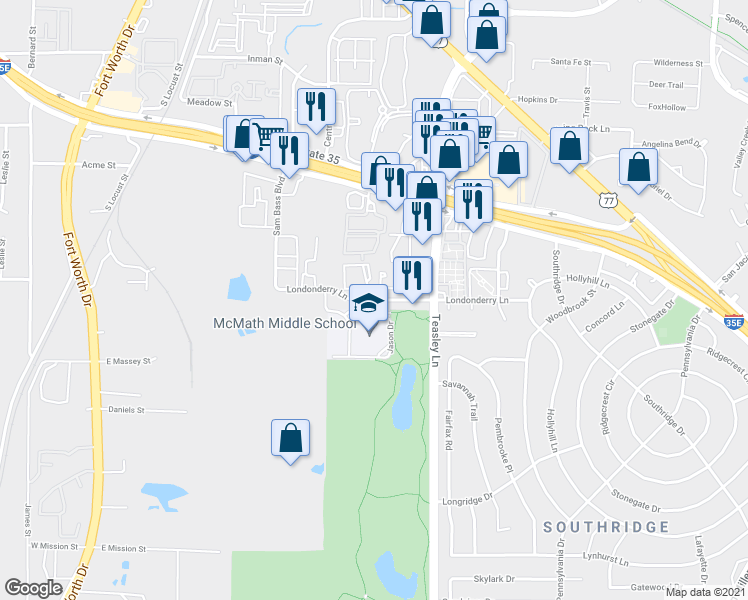 map of restaurants, bars, coffee shops, grocery stores, and more near 605 Londonderry Lane in Denton