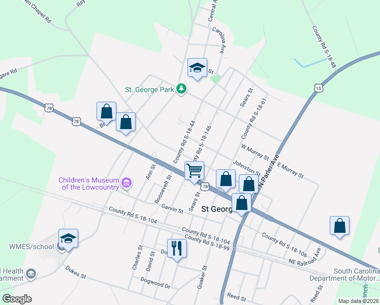 map of restaurants, bars, coffee shops, grocery stores, and more near 204 Behling Street in Saint George