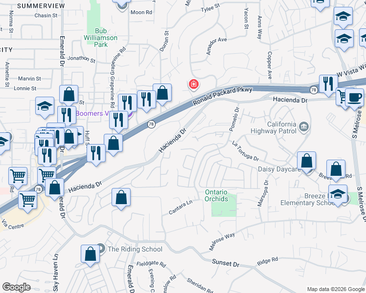 map of restaurants, bars, coffee shops, grocery stores, and more near 1247 Rio Way in Vista