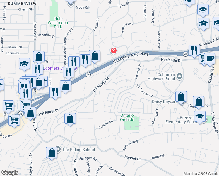 map of restaurants, bars, coffee shops, grocery stores, and more near Evelyn Lane in Vista