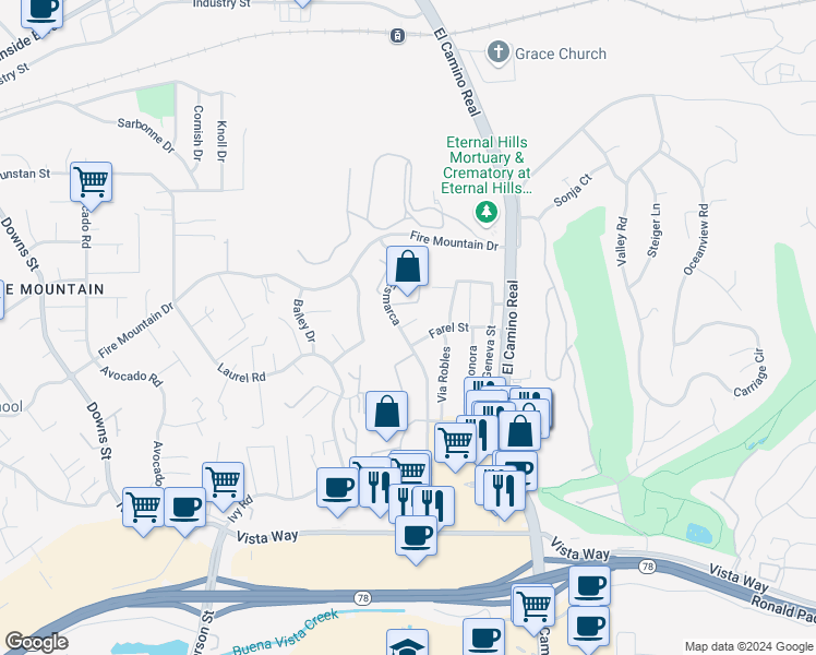 map of restaurants, bars, coffee shops, grocery stores, and more near 2659 Via Del Prado in Oceanside