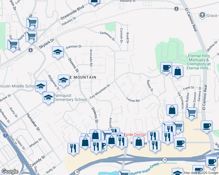 map of restaurants, bars, coffee shops, grocery stores, and more near 2356 Fire Mountain Drive in Oceanside