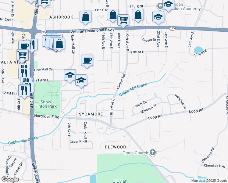 map of restaurants, bars, coffee shops, grocery stores, and more near 1714 21st Street East in Tuscaloosa