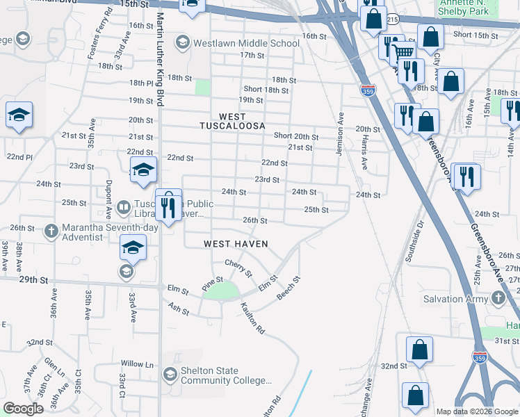 map of restaurants, bars, coffee shops, grocery stores, and more near 2801 24th St in Tuscaloosa