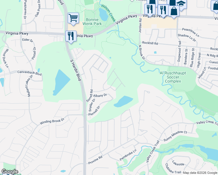 map of restaurants, bars, coffee shops, grocery stores, and more near 2701 White Rock Creek Drive in McKinney