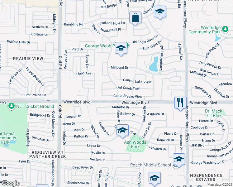 map of restaurants, bars, coffee shops, grocery stores, and more near 10509 Flat Creek Trail in McKinney