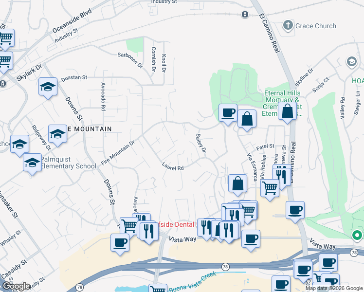 map of restaurants, bars, coffee shops, grocery stores, and more near 2585 Fire Mountain Drive in Oceanside