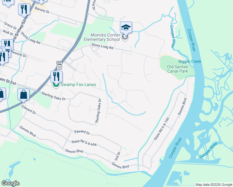 map of restaurants, bars, coffee shops, grocery stores, and more near 1403 Francis Marion Circle in Moncks Corner