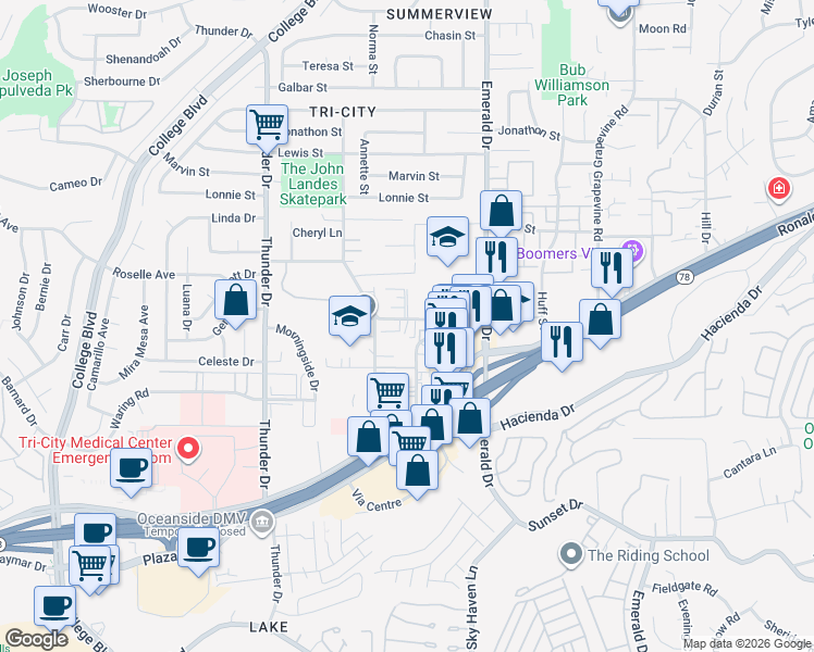 map of restaurants, bars, coffee shops, grocery stores, and more near 1932 West Drive in Vista