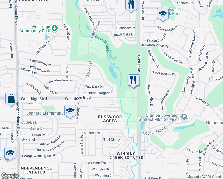 map of restaurants, bars, coffee shops, grocery stores, and more near 9300 Timber Wagon Drive in McKinney