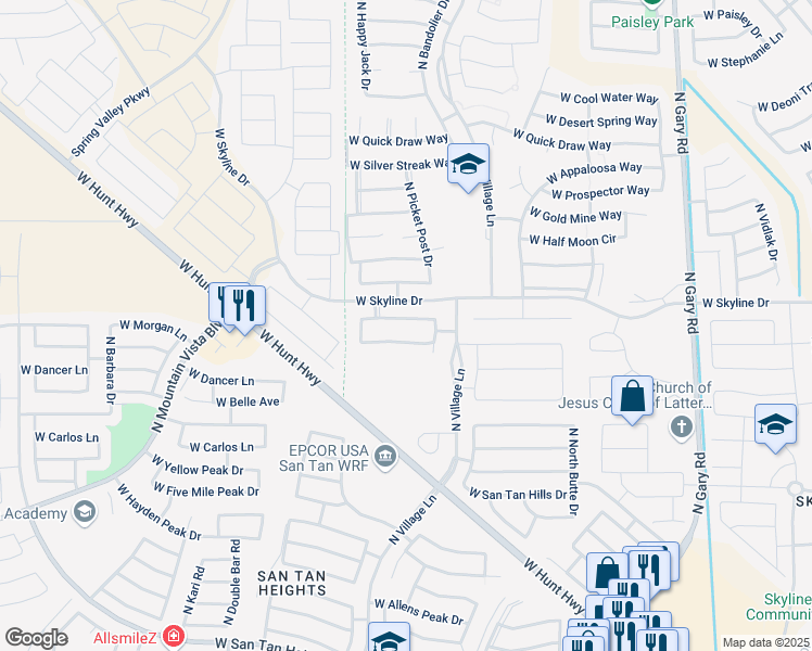 map of restaurants, bars, coffee shops, grocery stores, and more near 2501 West Mericrest Way in Queen Creek