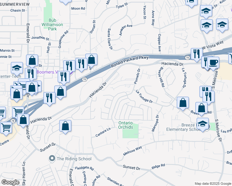 map of restaurants, bars, coffee shops, grocery stores, and more near 620 Paseo Rio in Vista
