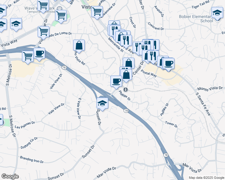 map of restaurants, bars, coffee shops, grocery stores, and more near 991 Civic Center Drive in Vista