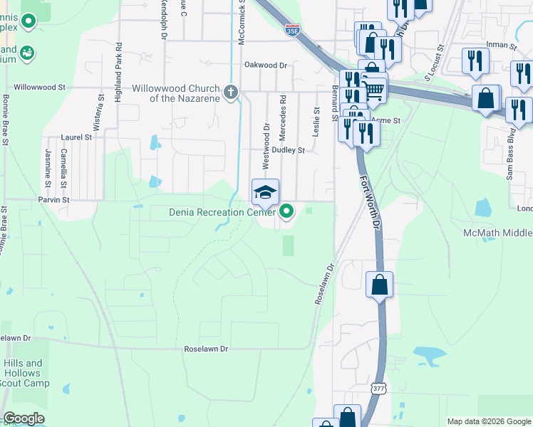 map of restaurants, bars, coffee shops, grocery stores, and more near 1201 Parvin Street in Denton
