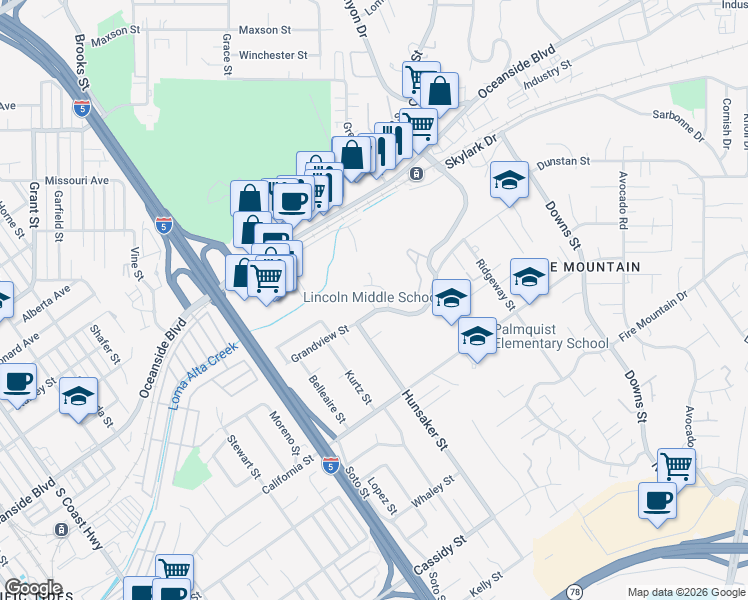 map of restaurants, bars, coffee shops, grocery stores, and more near 328 Cole Way in Oceanside