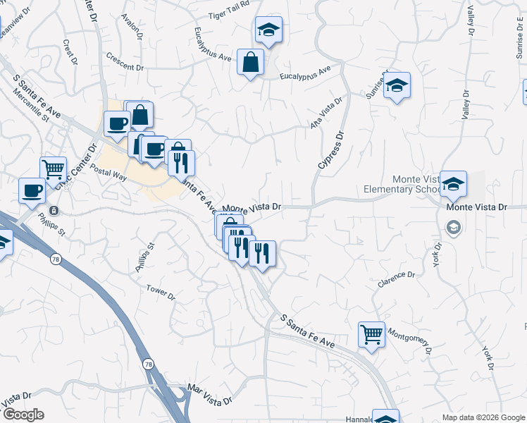 map of restaurants, bars, coffee shops, grocery stores, and more near 1150 Monte Vista Drive in Vista