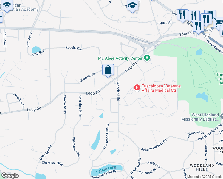 map of restaurants, bars, coffee shops, grocery stores, and more near 3501 Loop Road in Tuscaloosa