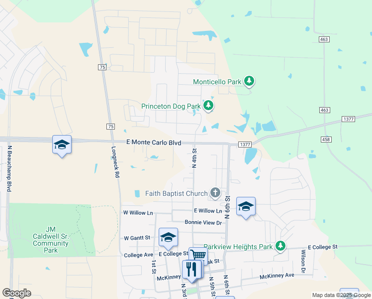 map of restaurants, bars, coffee shops, grocery stores, and more near 325 Monte Carlo Boulevard in Princeton