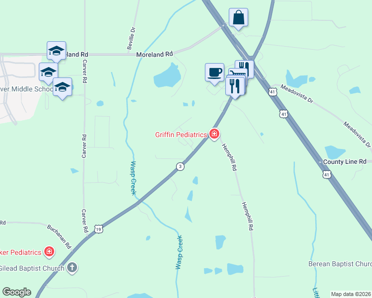 map of restaurants, bars, coffee shops, grocery stores, and more near 217 Timber Wolf Trail in Griffin