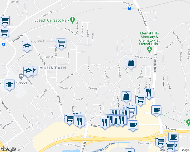 map of restaurants, bars, coffee shops, grocery stores, and more near 2585 Fire Mountain Drive in Oceanside