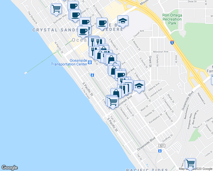 map of restaurants, bars, coffee shops, grocery stores, and more near 421 South Tremont Street in Oceanside