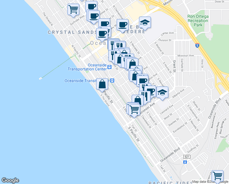 map of restaurants, bars, coffee shops, grocery stores, and more near 309 Missouri Avenue in Oceanside