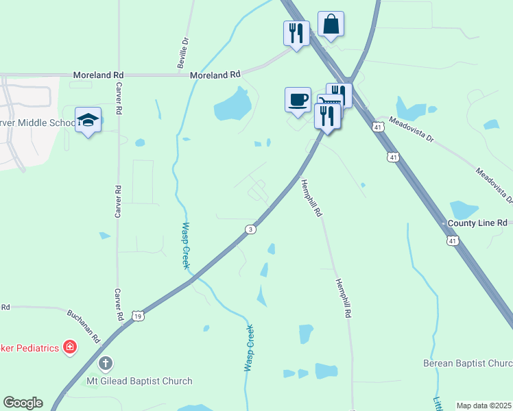 map of restaurants, bars, coffee shops, grocery stores, and more near 217 Timber Wolf Trail in Griffin