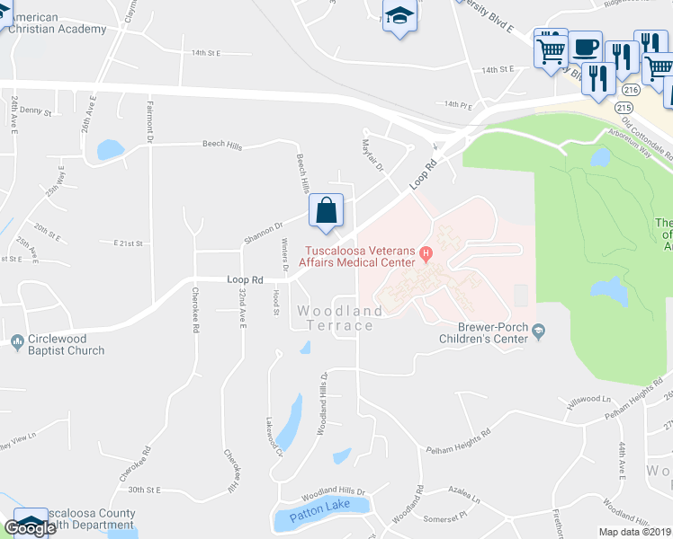 map of restaurants, bars, coffee shops, grocery stores, and more near 3429 Loop Road in Tuscaloosa