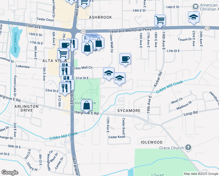 map of restaurants, bars, coffee shops, grocery stores, and more near 1300 21st Street East in Tuscaloosa
