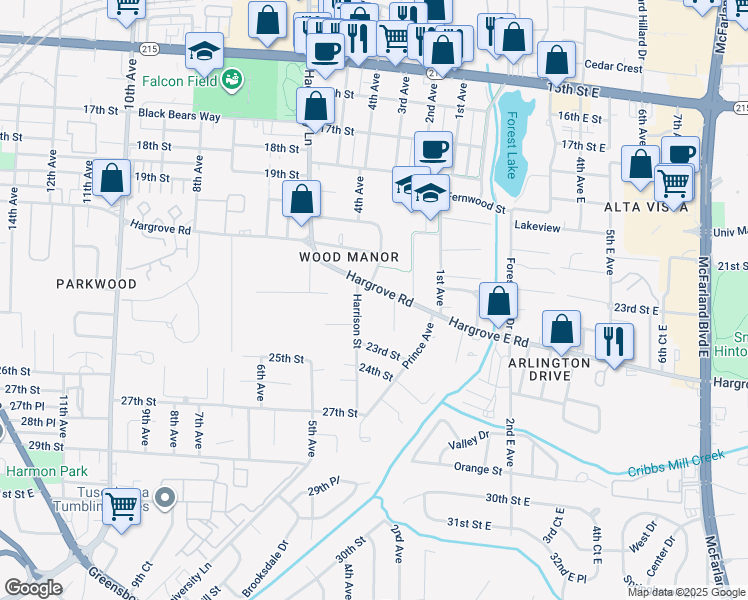 map of restaurants, bars, coffee shops, grocery stores, and more near 304 Hargrove Road in Tuscaloosa