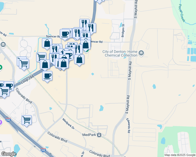 map of restaurants, bars, coffee shops, grocery stores, and more near Unnamed Road in Denton