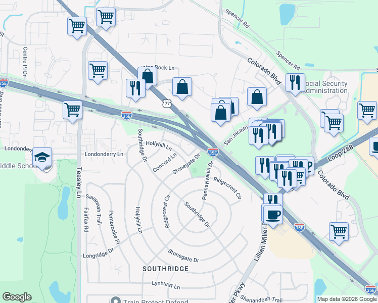 map of restaurants, bars, coffee shops, grocery stores, and more near 2303 Birchbrook Court in Denton