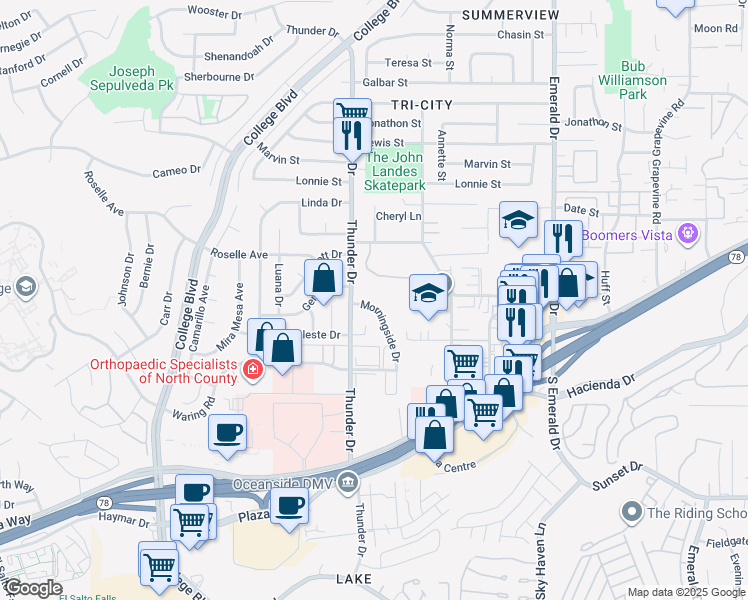 map of restaurants, bars, coffee shops, grocery stores, and more near 3114 Morningside Drive in Oceanside