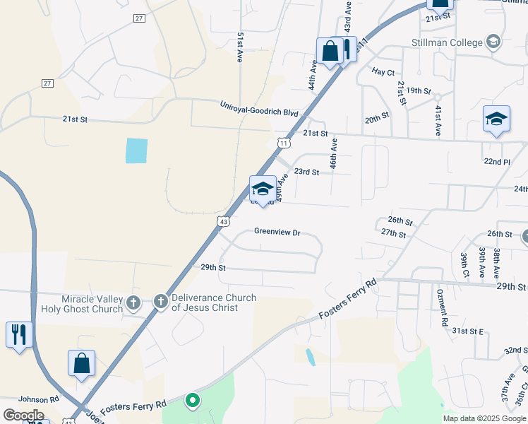 map of restaurants, bars, coffee shops, grocery stores, and more near 5001 Lee Road in Tuscaloosa