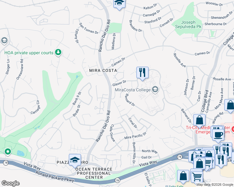 map of restaurants, bars, coffee shops, grocery stores, and more near 2315 Rancho Del Oro Drive in Oceanside