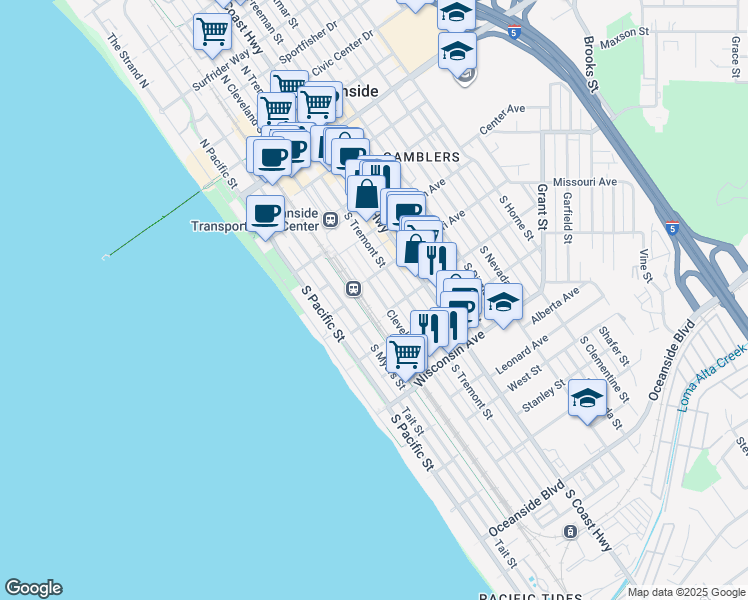 map of restaurants, bars, coffee shops, grocery stores, and more near 495 South Cleveland Street in Oceanside
