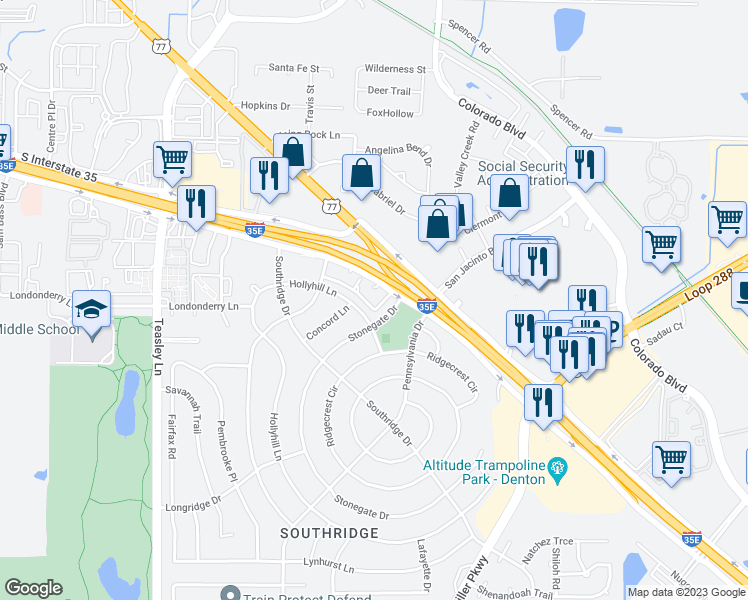 map of restaurants, bars, coffee shops, grocery stores, and more near 2305 Birchbrook Court in Denton