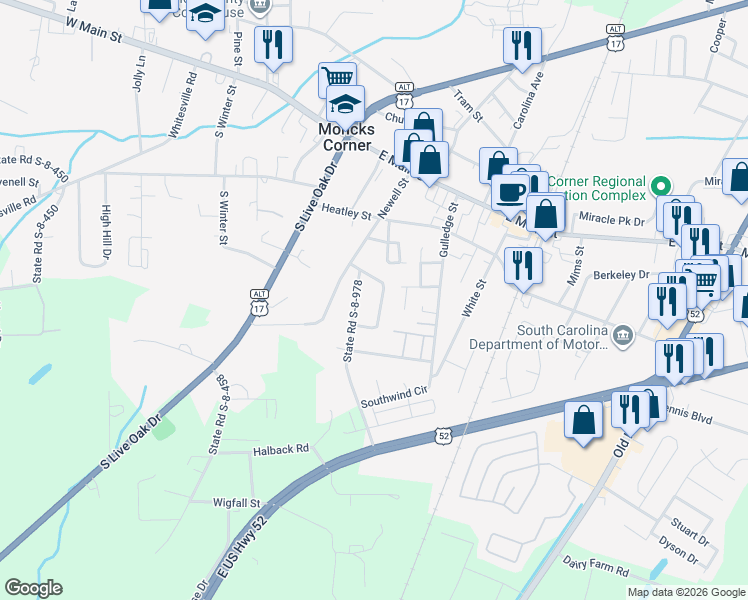 map of restaurants, bars, coffee shops, grocery stores, and more near 190 Monitor Circle in Moncks Corner