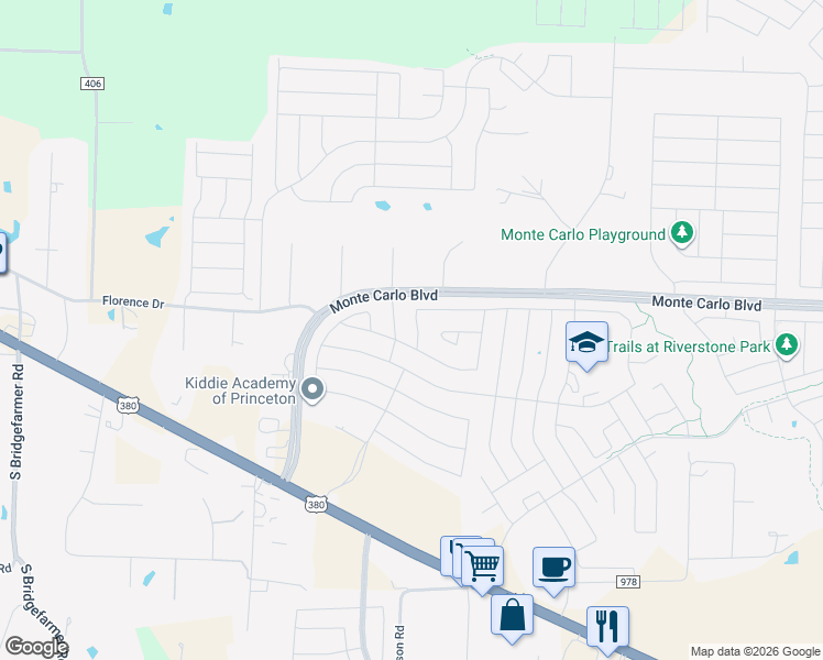 map of restaurants, bars, coffee shops, grocery stores, and more near 1400 Bent Grass Drive in Princeton